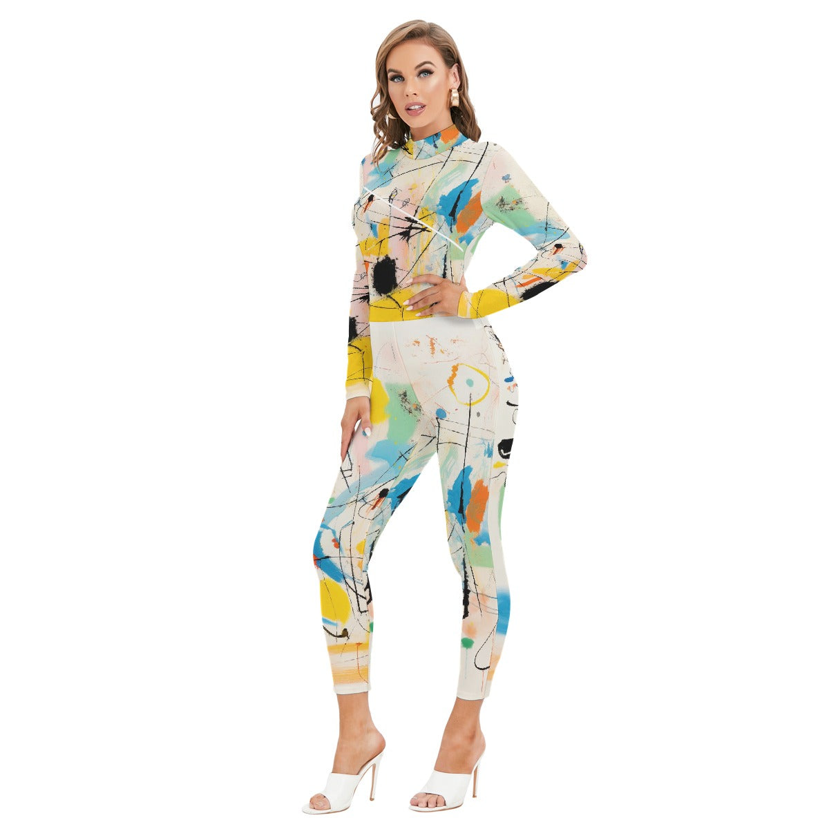 All-Over Print Women's Long-sleeved High-neck Jumpsuit With Zipper