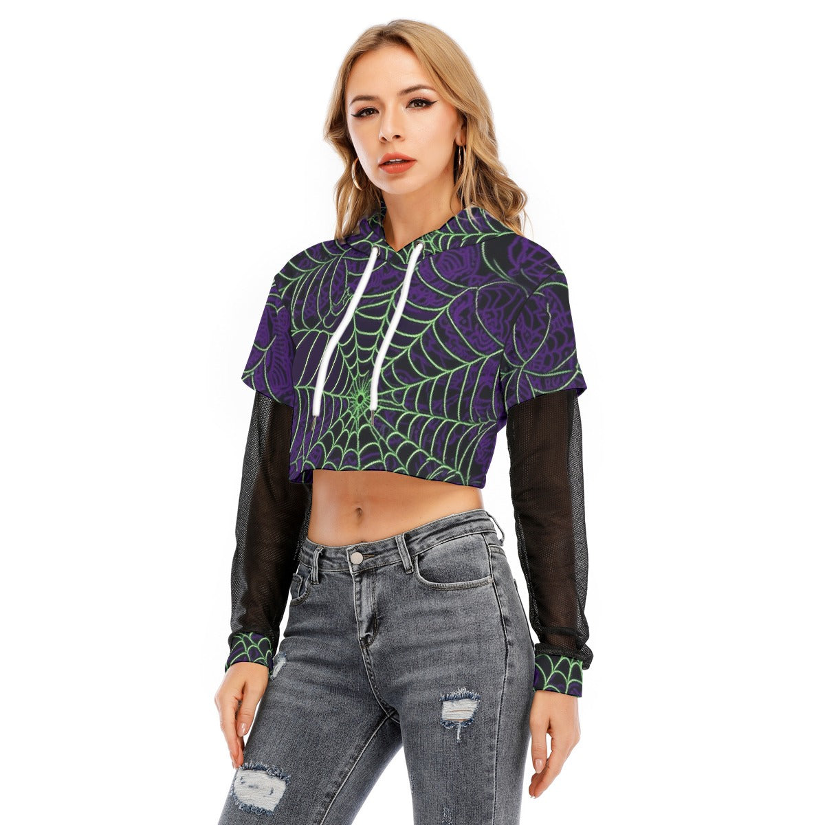 All-Over Print Women's Fake Two-piece Mesh Sleeve Cropped Hoodie
