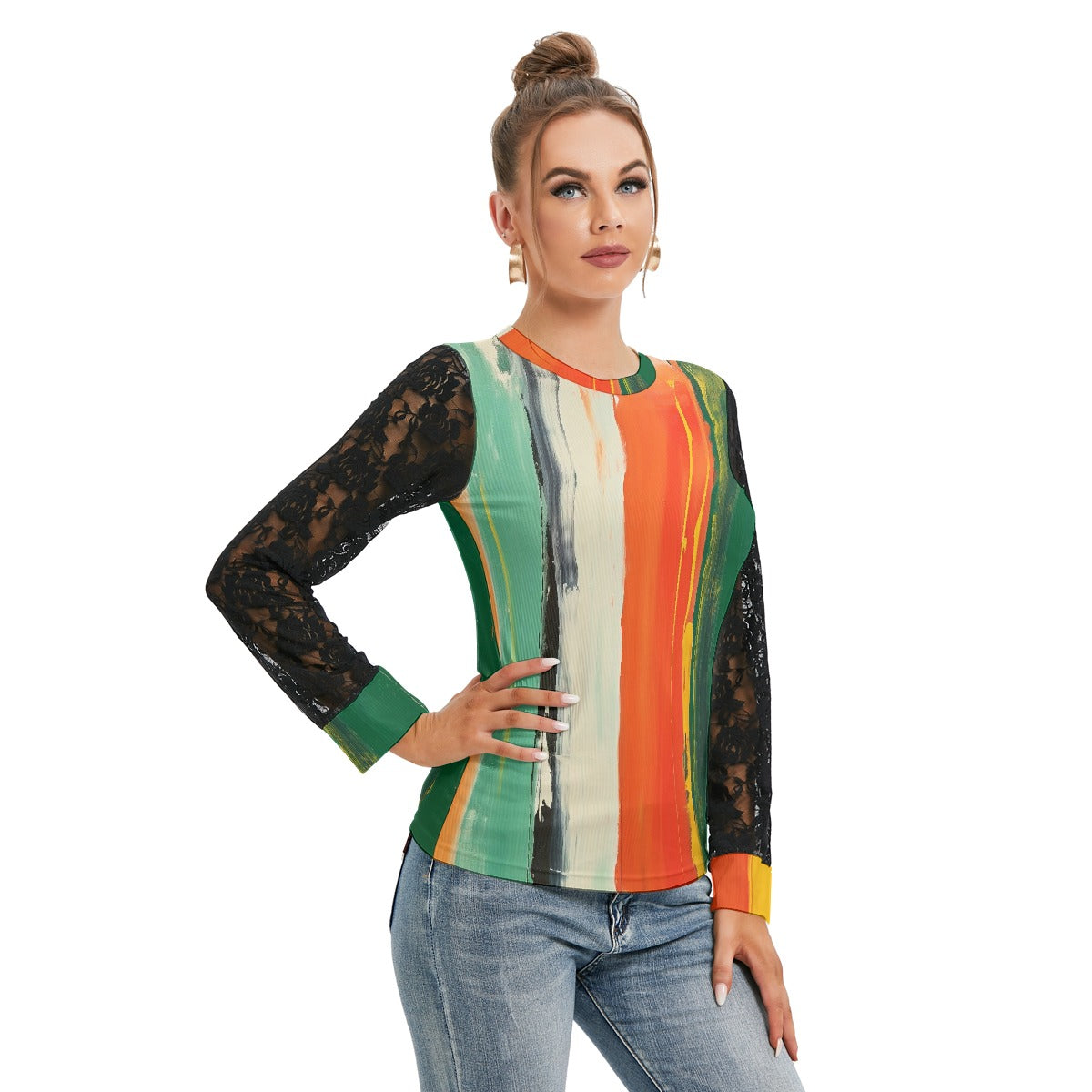 All-Over Print Women's T-shirt And Sleeve With Black Lace