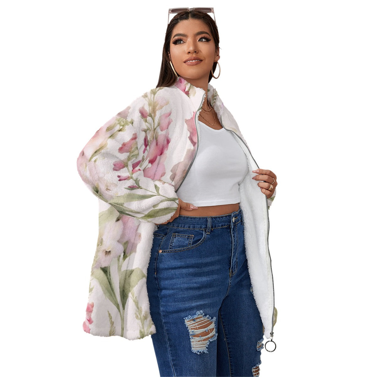 All-Over Print Unisex Borg Fleece Stand-up Collar Coat With Zipper Closure(Plus Size)