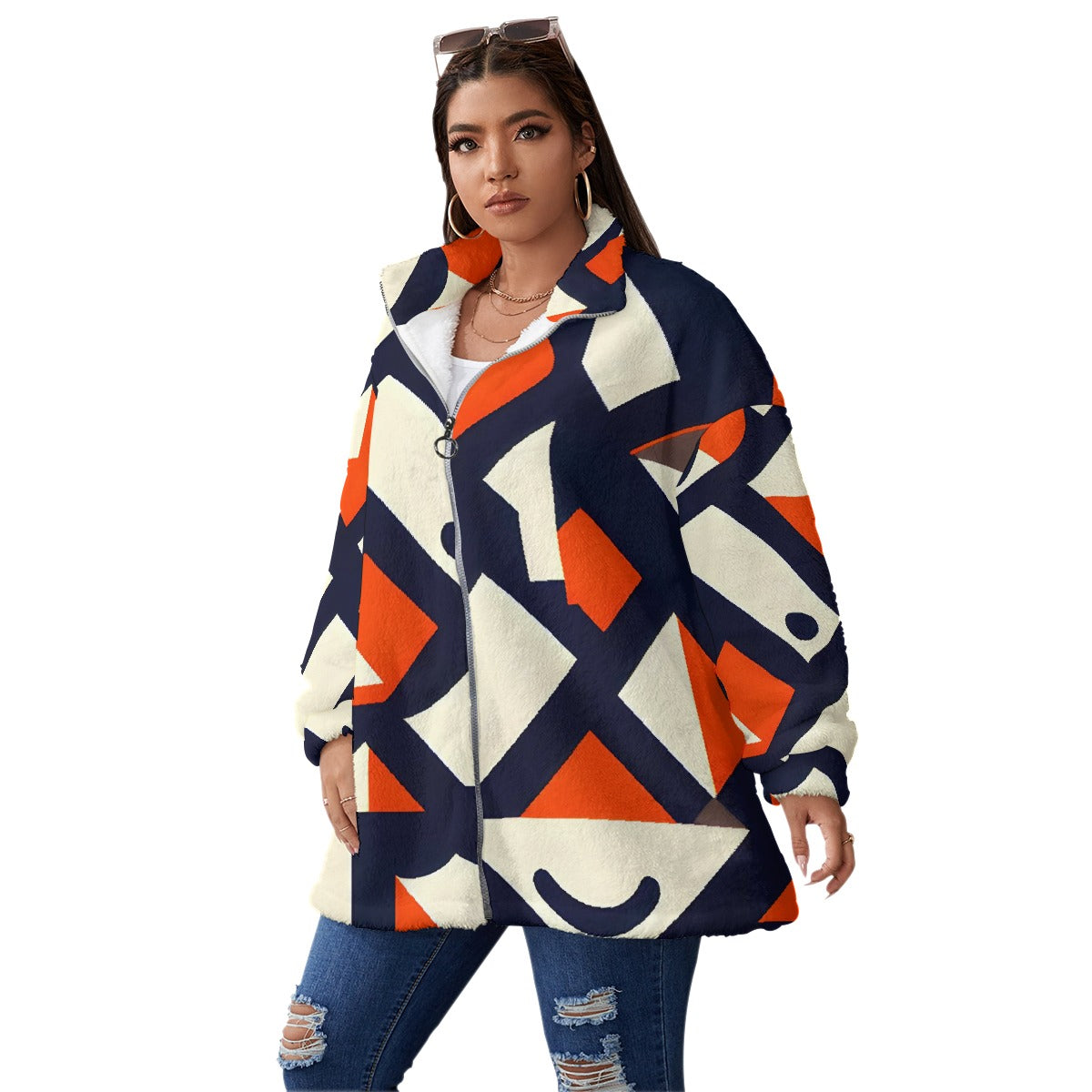 All-Over Print Unisex Borg Fleece Stand-up Collar Coat With Zipper Closure(Plus Size)