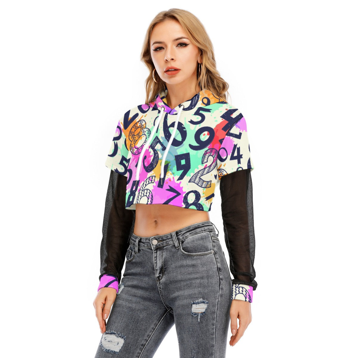 All-Over Print Women's Fake Two-piece Mesh Sleeve Cropped Hoodie