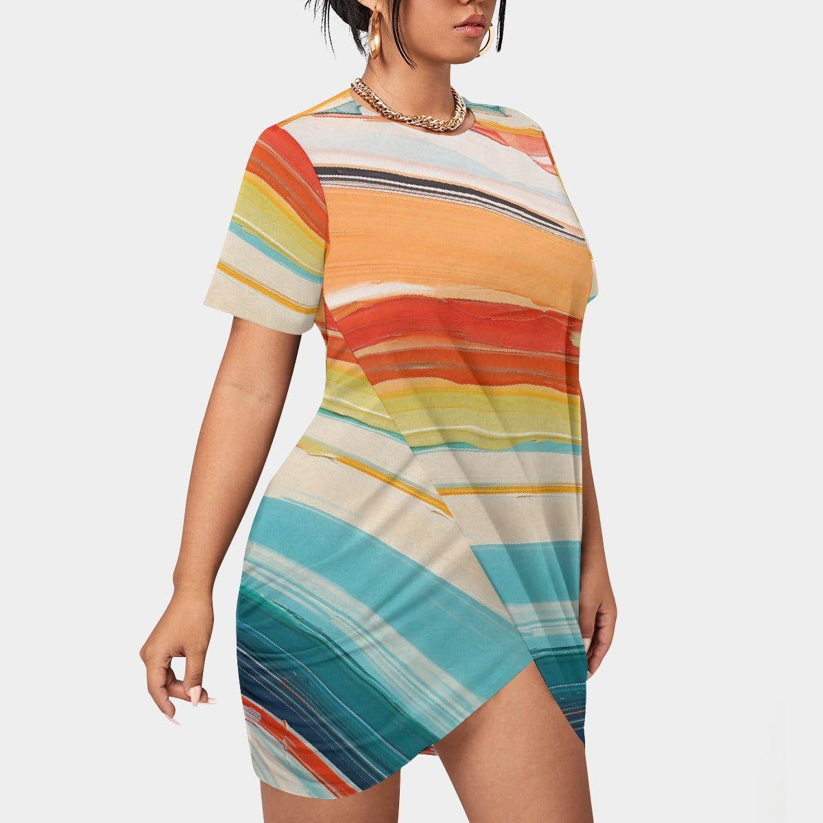 All-Over Print Women’s Stacked Hem Dress With Short Sleeve（Plus Size）