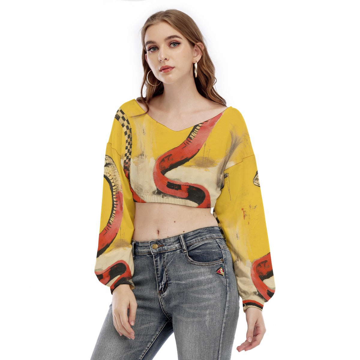All-Over Print Women's V-neck Long Sleeve Cropped Sweatshirt