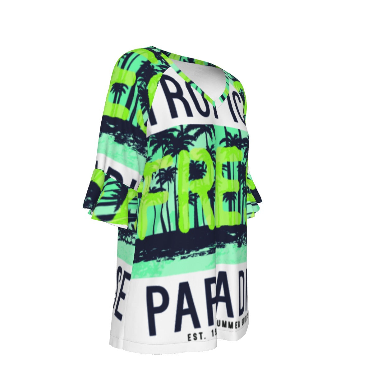 All-Over Print V-neck Women's T-shirt With Bell Sleeve