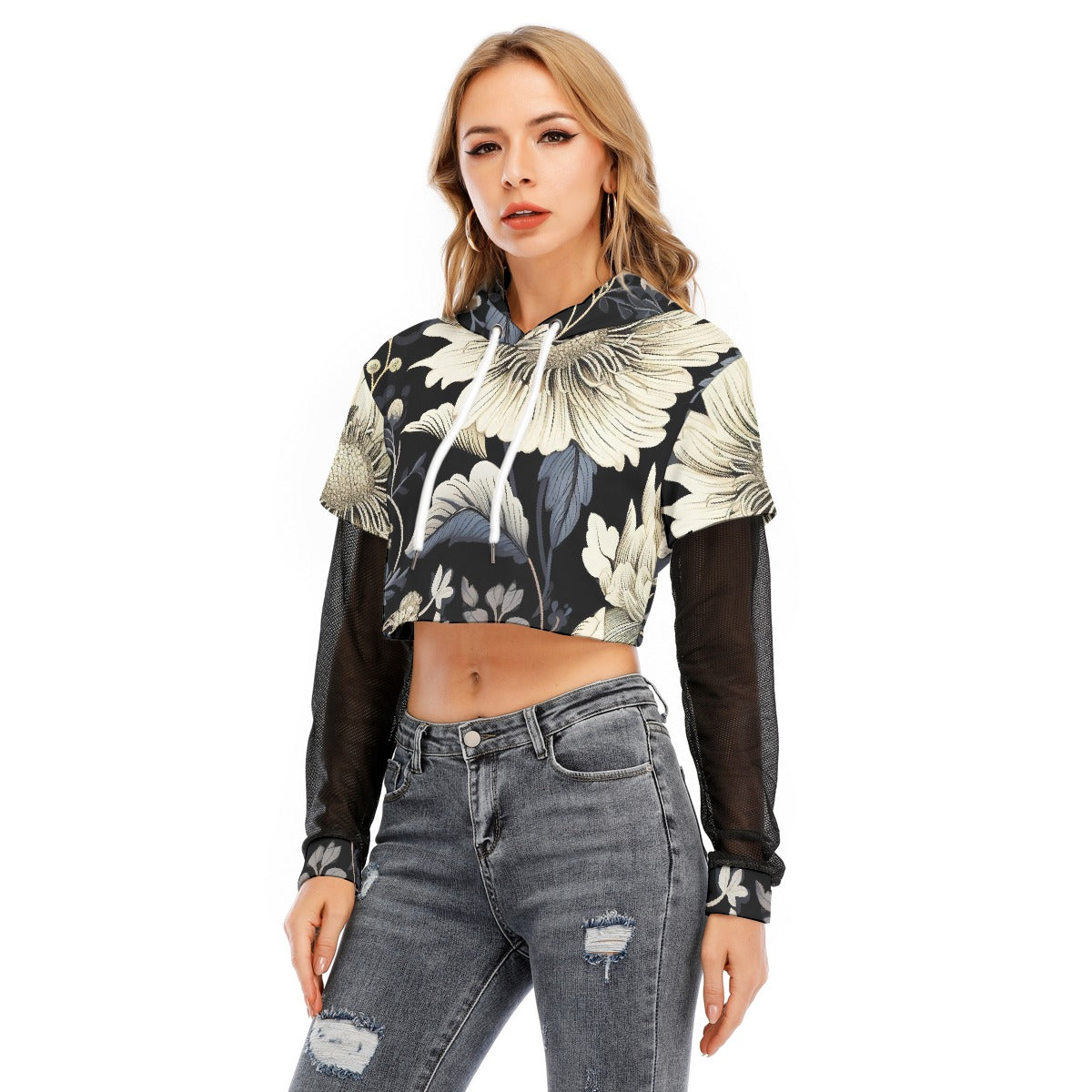 All-Over Print Women's Fake Two-piece Mesh Sleeve Cropped Hoodie