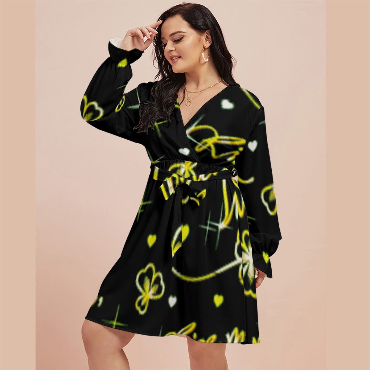 All-Over Print Women's V-neck Dress With Waistband(Plus Size)