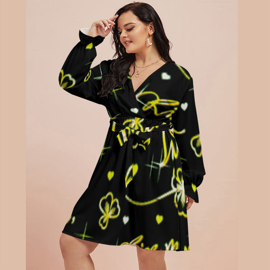 All-Over Print Women's V-neck Dress With Waistband(Plus Size)