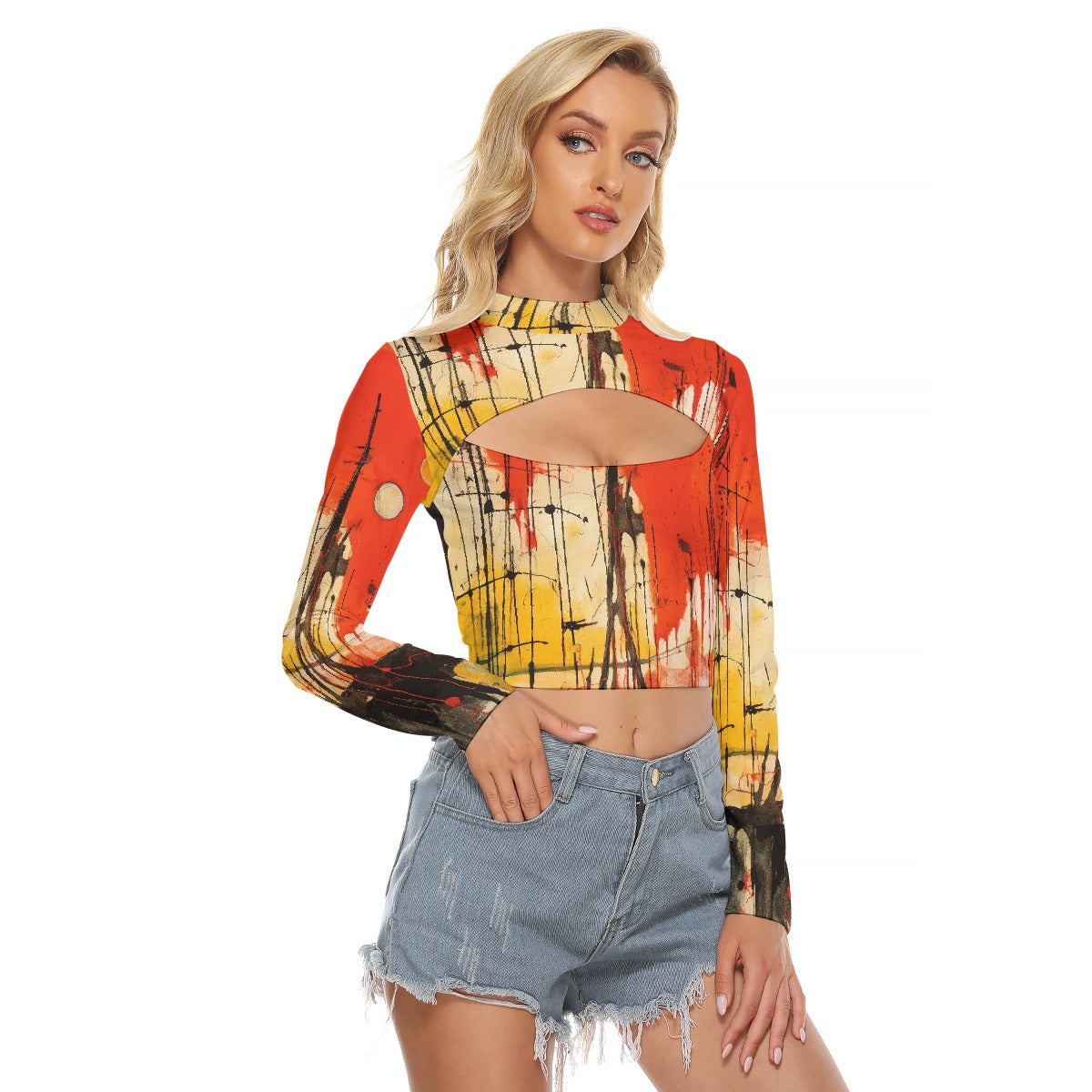 All-Over Print Women's Hollow Chest Keyhole Tight Crop Top