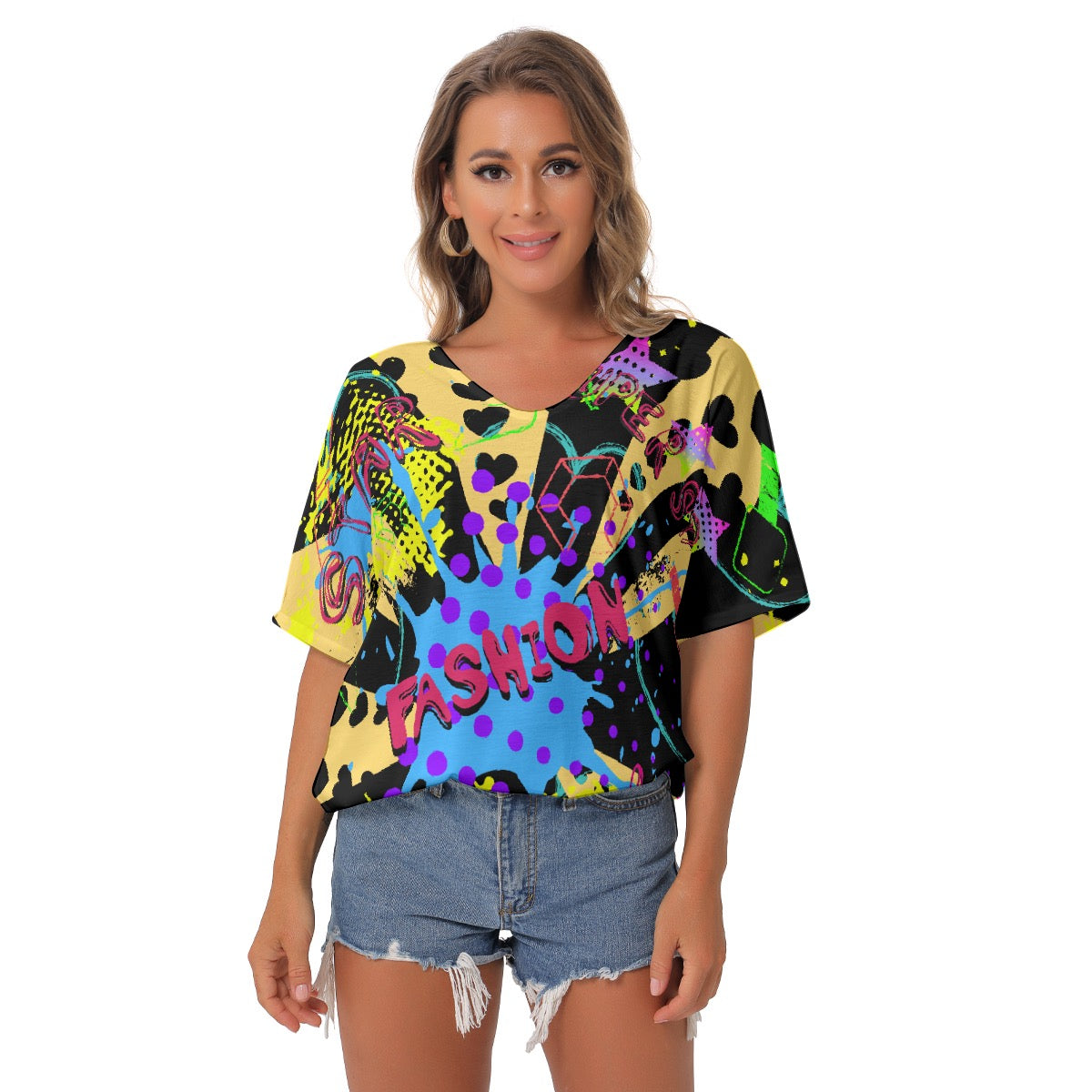 All-Over Print Women's Bat Sleeves V-Neck Blouse