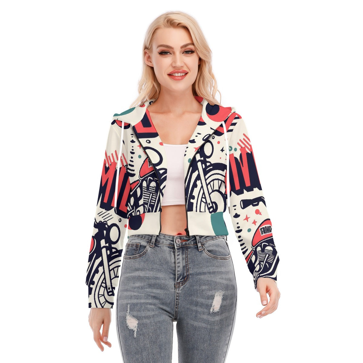 All-Over Print Women's Crop Top Hoodie With Zipper Closure