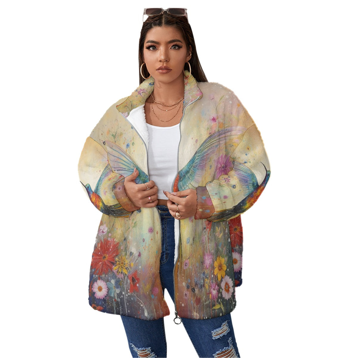 All-Over Print Unisex Borg Fleece Stand-up Collar Coat With Zipper Closure(Plus Size)