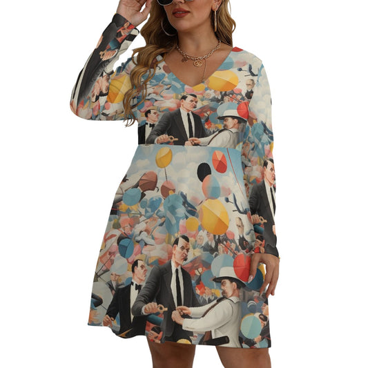 All-Over Print Women's V-neck Long Sleeve Dress(Plus Size)