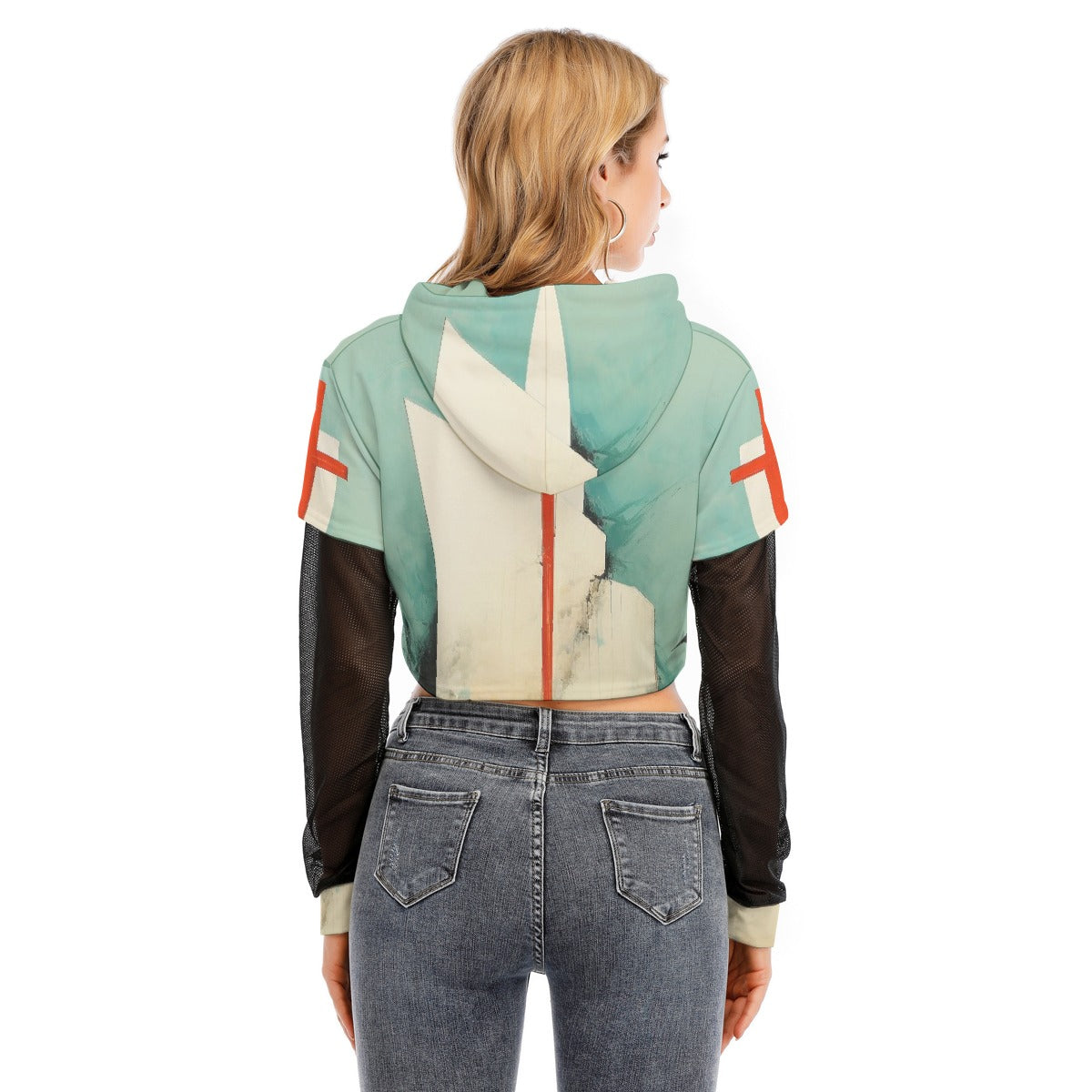 All-Over Print Women's Fake Two-piece Mesh Sleeve Cropped Hoodie