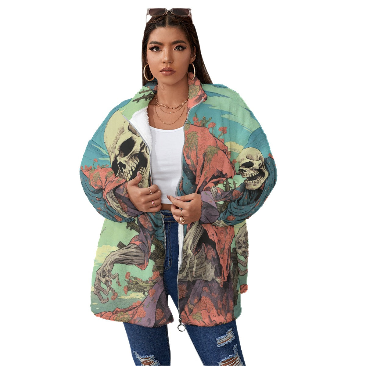 All-Over Print Unisex Borg Fleece Stand-up Collar Coat With Zipper Closure(Plus Size)