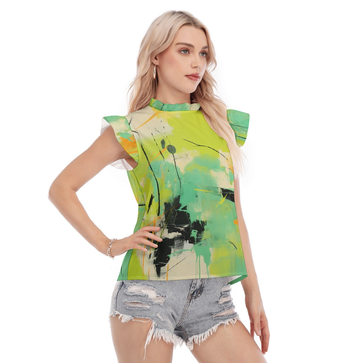 All-Over Print Women's Blouse With Ruffle Collar And Sleeve