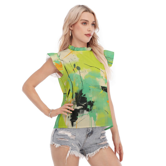 All-Over Print Women's Blouse With Ruffle Collar And Sleeve