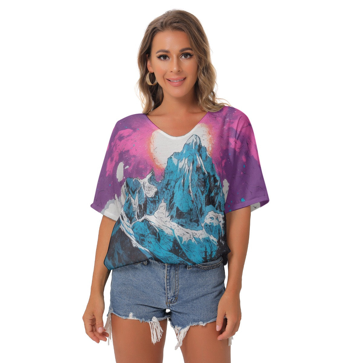 All-Over Print Women's Bat Sleeves V-Neck Blouse