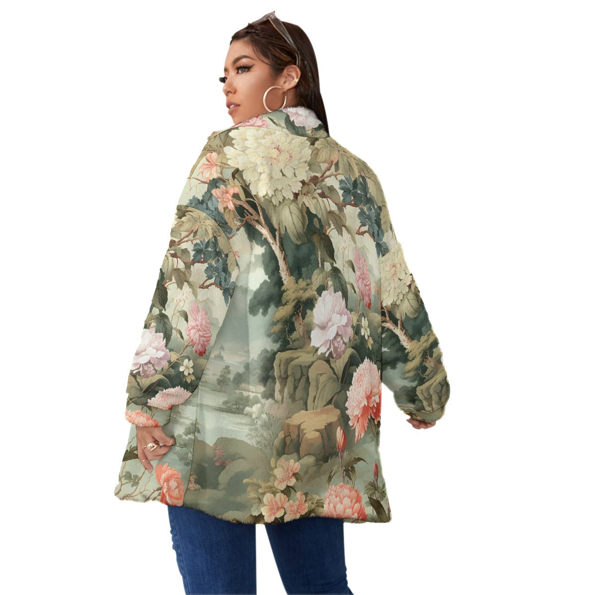 All-Over Print Unisex Borg Fleece Stand-up Collar Coat With Zipper Closure(Plus Size)