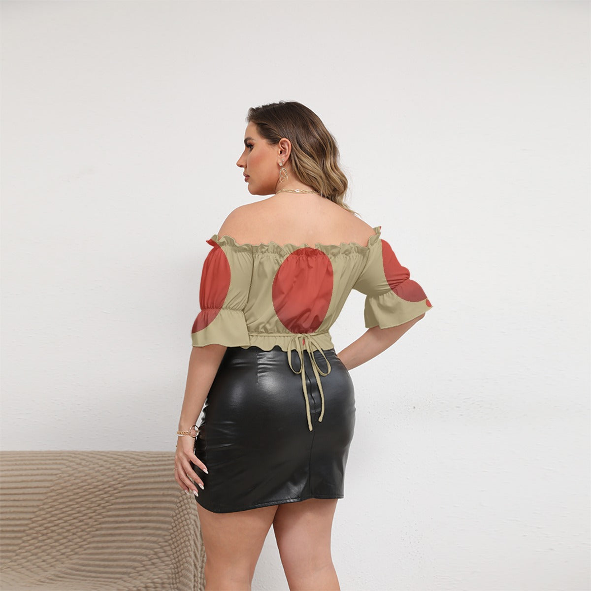 All-Over Print Women's Off-shoulder Cropped Top With Short Puff Sleeve