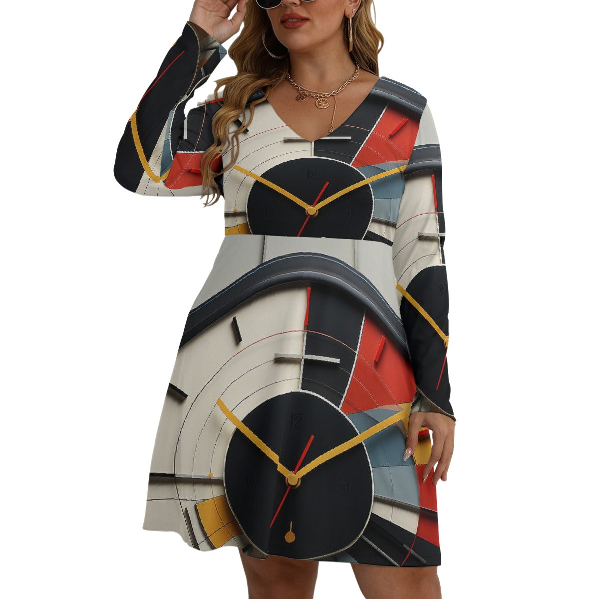All-Over Print Women's V-neck Long Sleeve Dress(Plus Size)