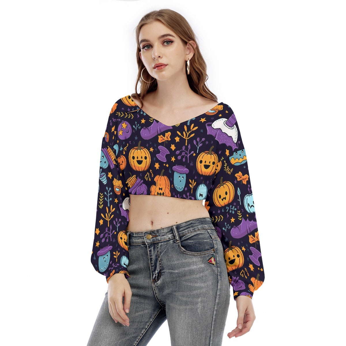 All-Over Print Women's V-neck Long Sleeve Cropped Sweatshirt