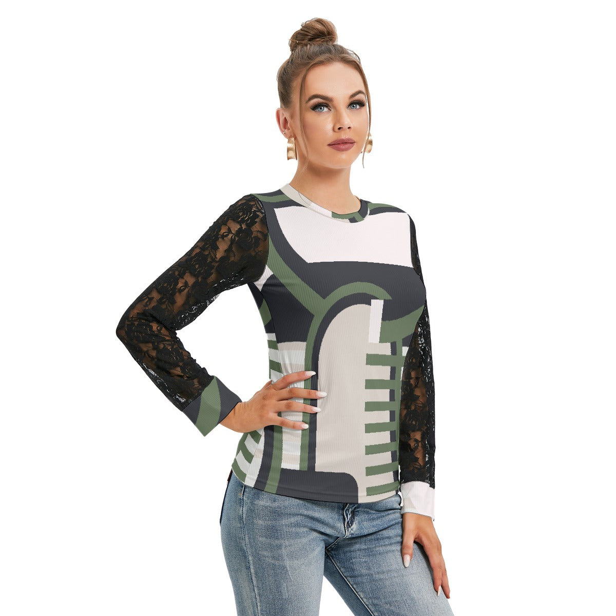 All-Over Print Women's T-shirt And Sleeve With Black Lace