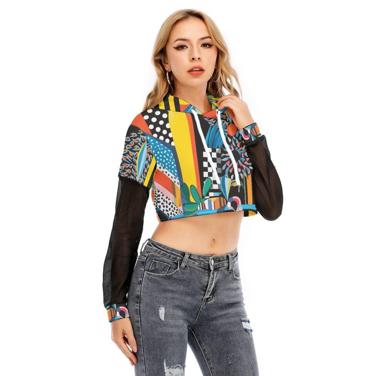 All-Over Print Women's Fake Two-piece Mesh Sleeve Cropped Hoodie