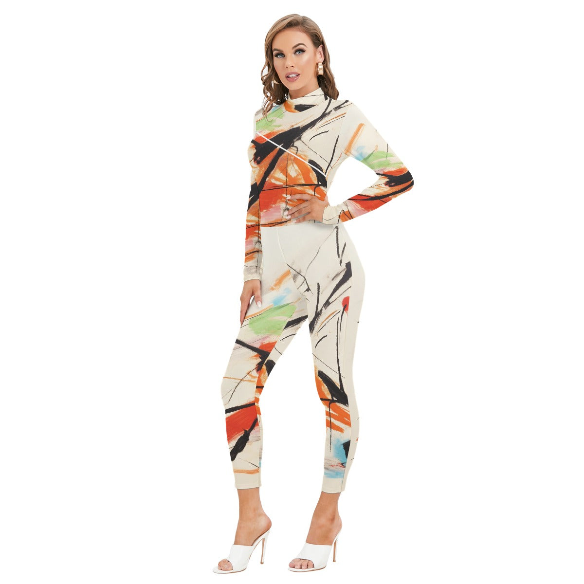 All-Over Print Women's Long-sleeved High-neck Jumpsuit With Zipper