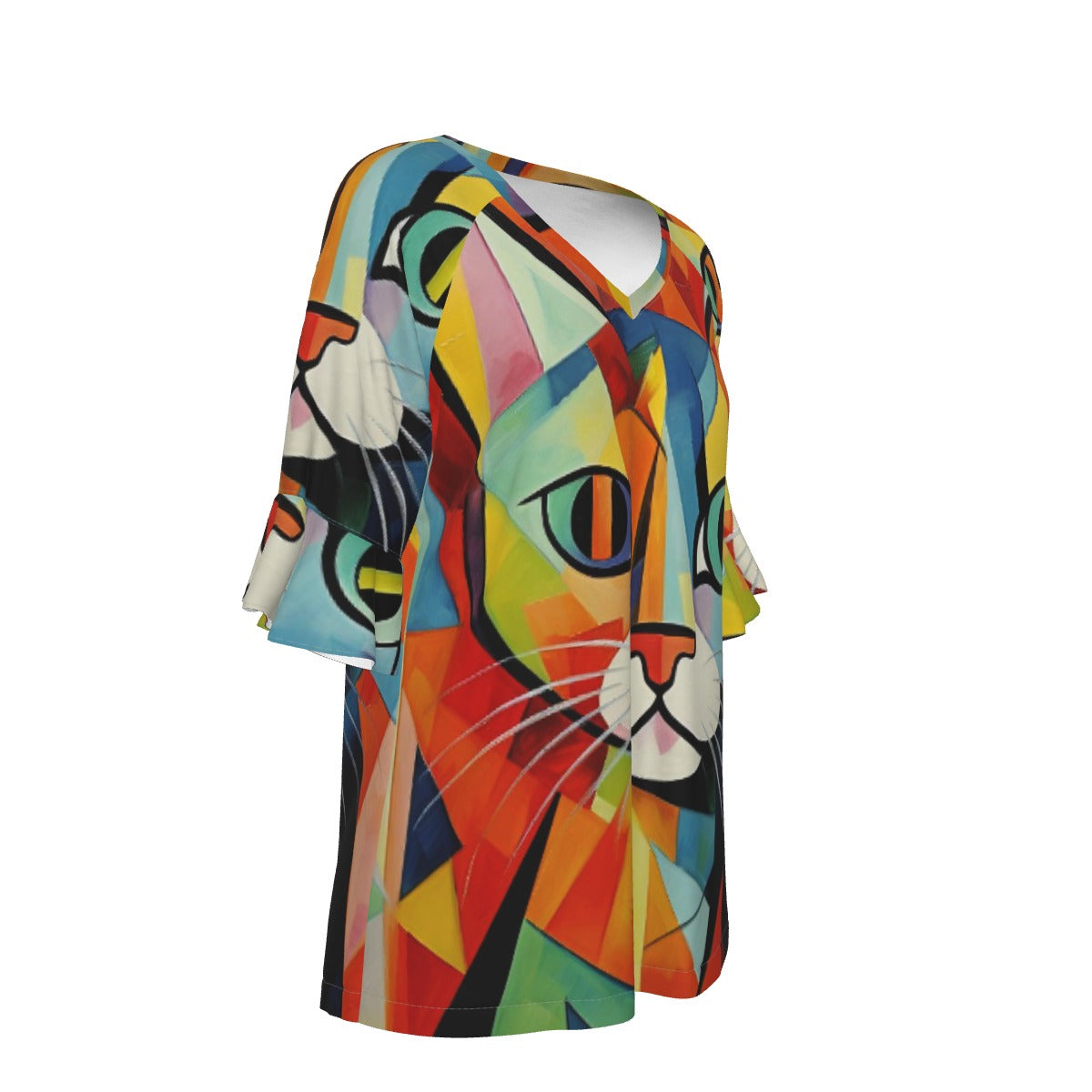 All-Over Print V-neck Women's T-shirt With Bell Sleeve