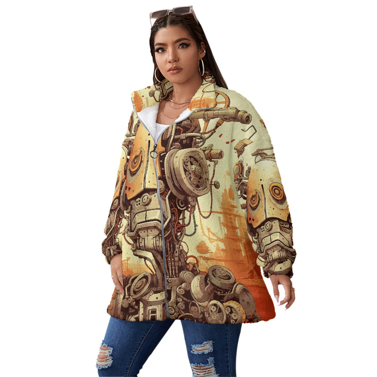 All-Over Print Unisex Borg Fleece Stand-up Collar Coat With Zipper Closure(Plus Size)