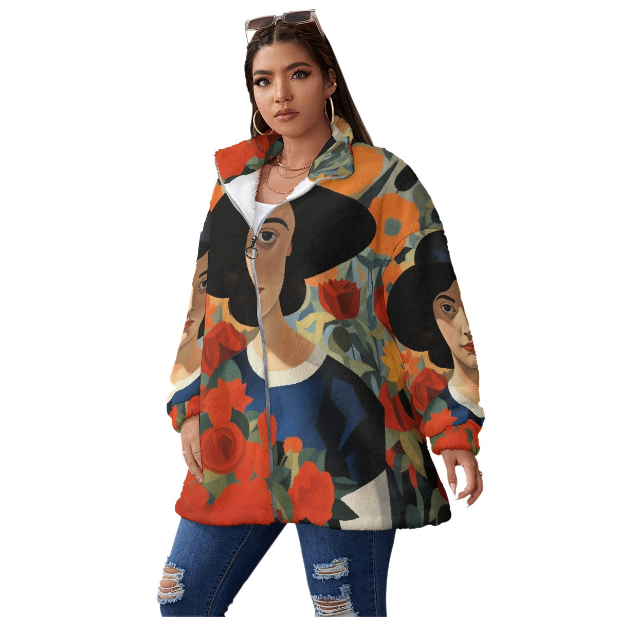 All-Over Print Unisex Borg Fleece Stand-up Collar Coat With Zipper Closure(Plus Size)