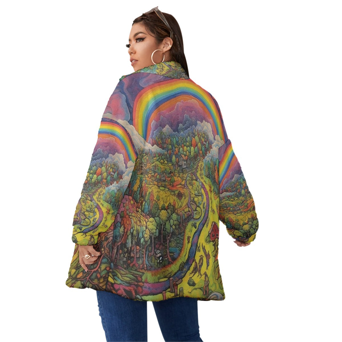 All-Over Print Unisex Borg Fleece Stand-up Collar Coat With Zipper Closure(Plus Size)