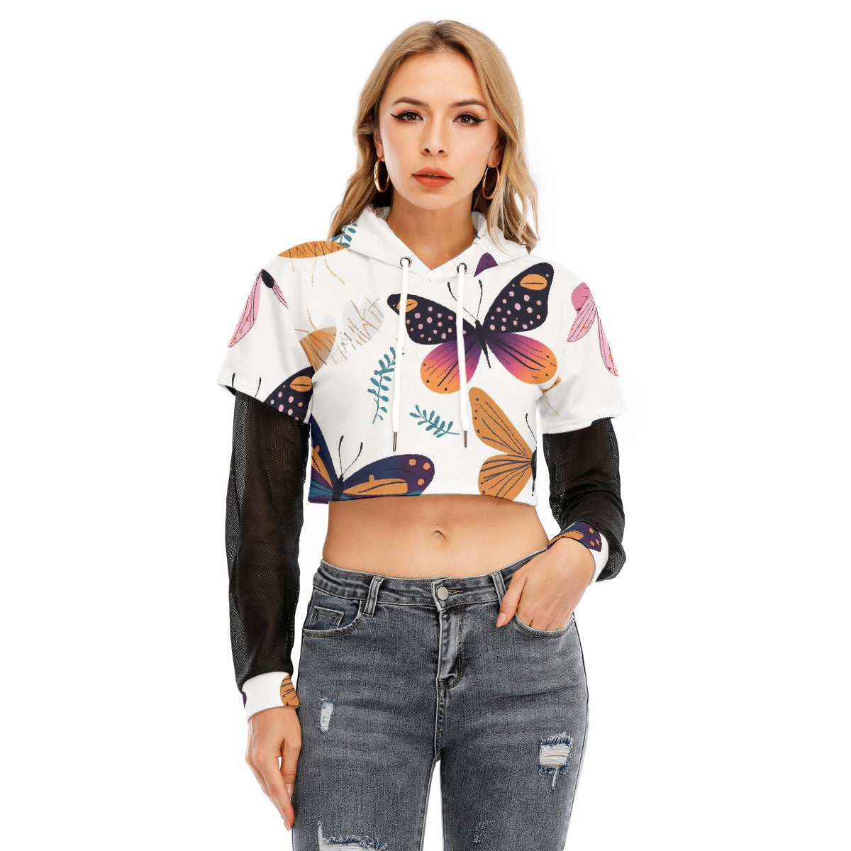 All-Over Print Women's Fake Two-piece Mesh Sleeve Cropped Hoodie