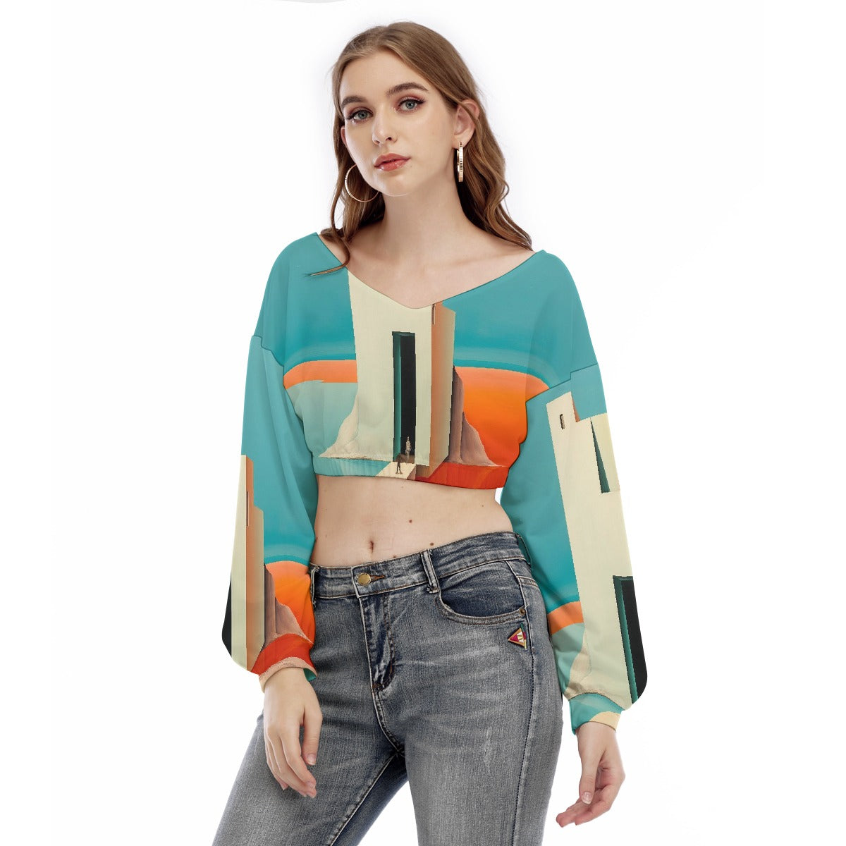 All-Over Print Women's V-neck Long Sleeve Cropped Sweatshirt