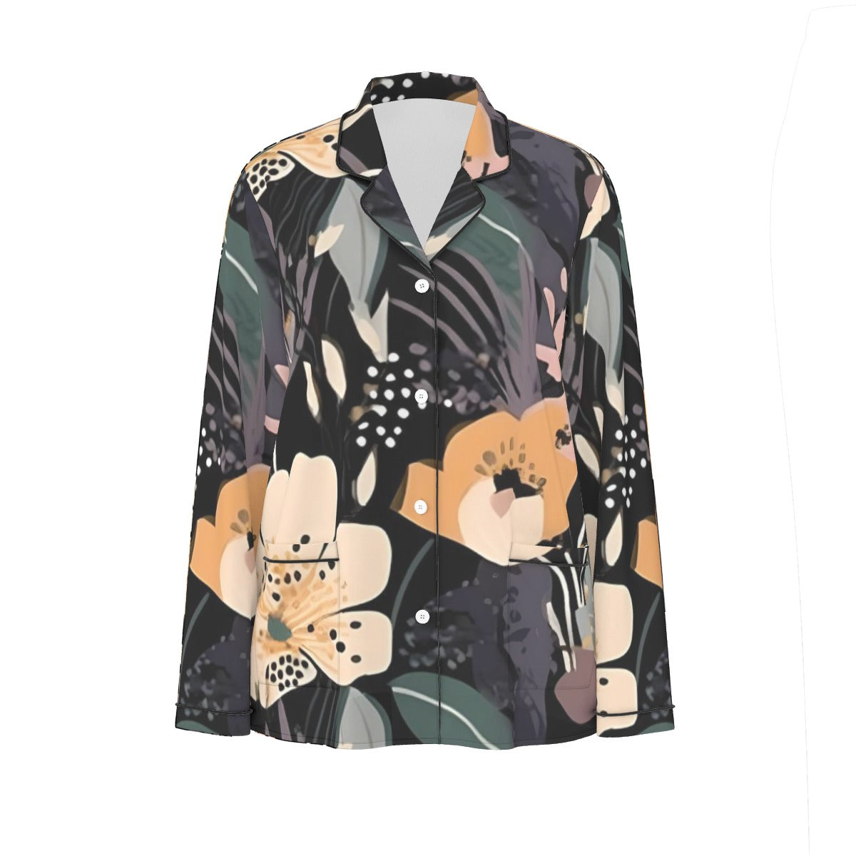 All-Over Print Women's Long Sleeve Pajama Set With Black Contrast Piping