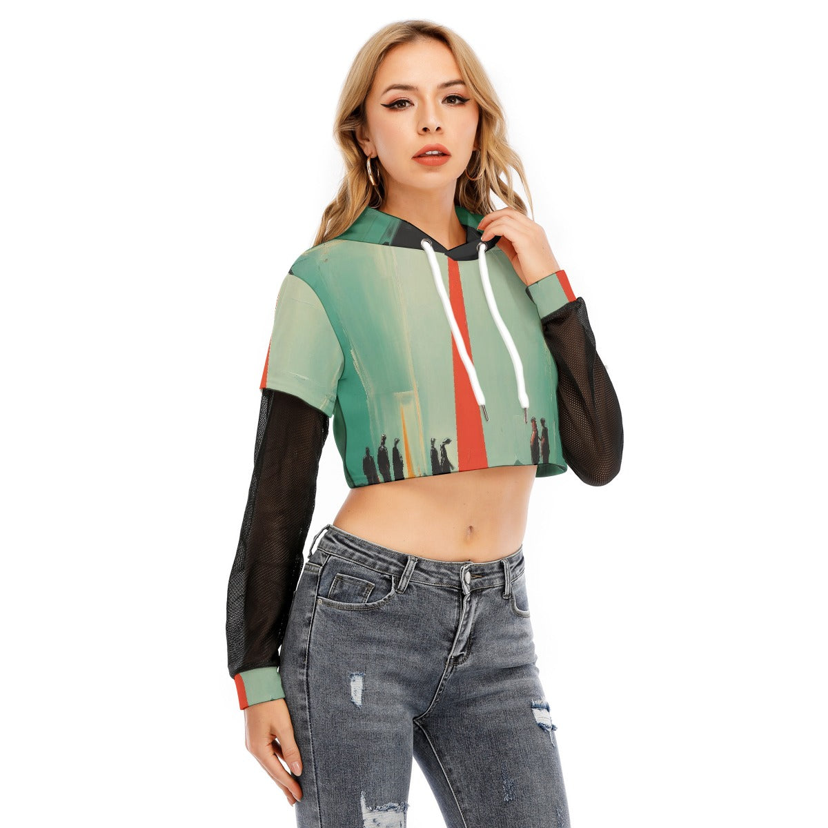 All-Over Print Women's Fake Two-piece Mesh Sleeve Cropped Hoodie