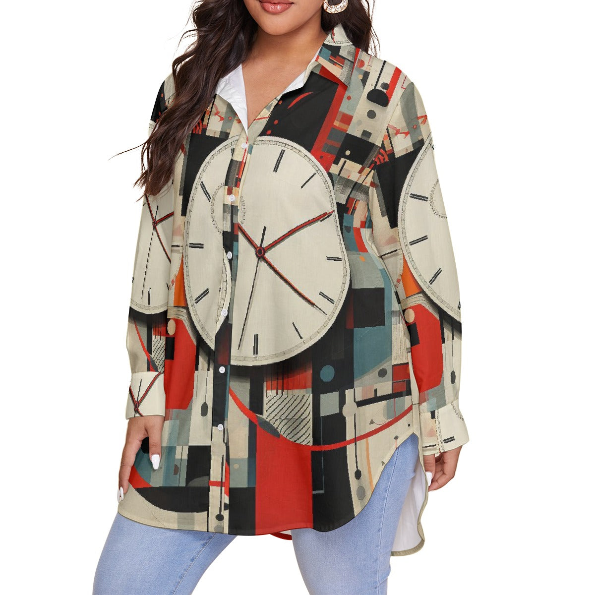 All-Over Print Women's Shirt With Long Sleeve(Plus Size)