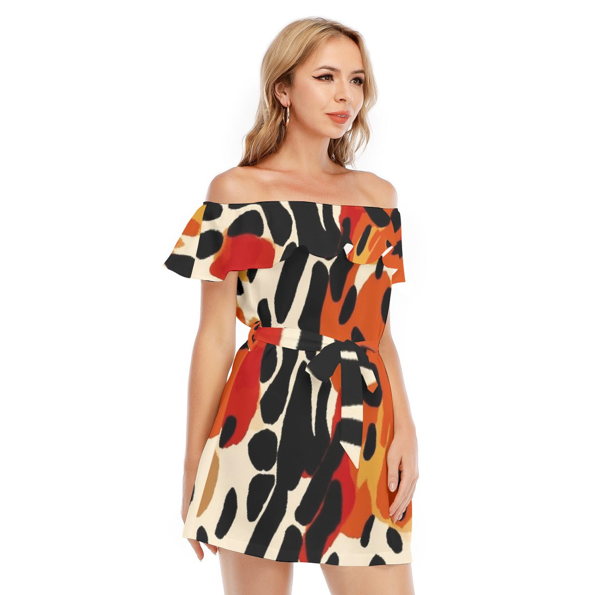 All-Over Print Women's Off-shoulder Dress With Ruffle
