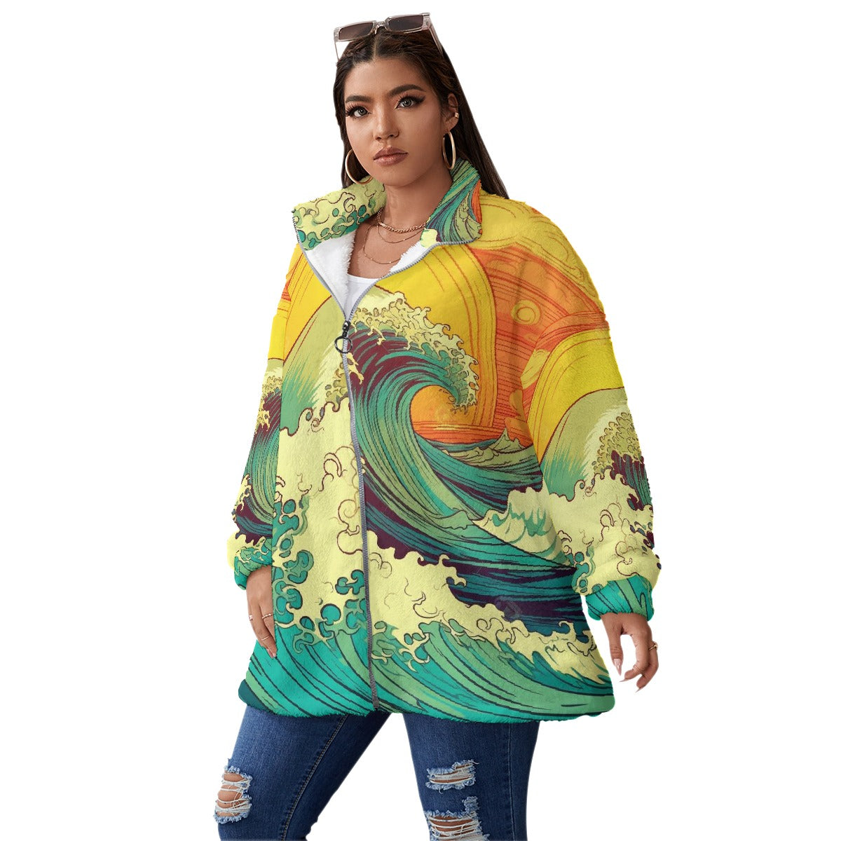 All-Over Print Unisex Borg Fleece Stand-up Collar Coat With Zipper Closure(Plus Size)