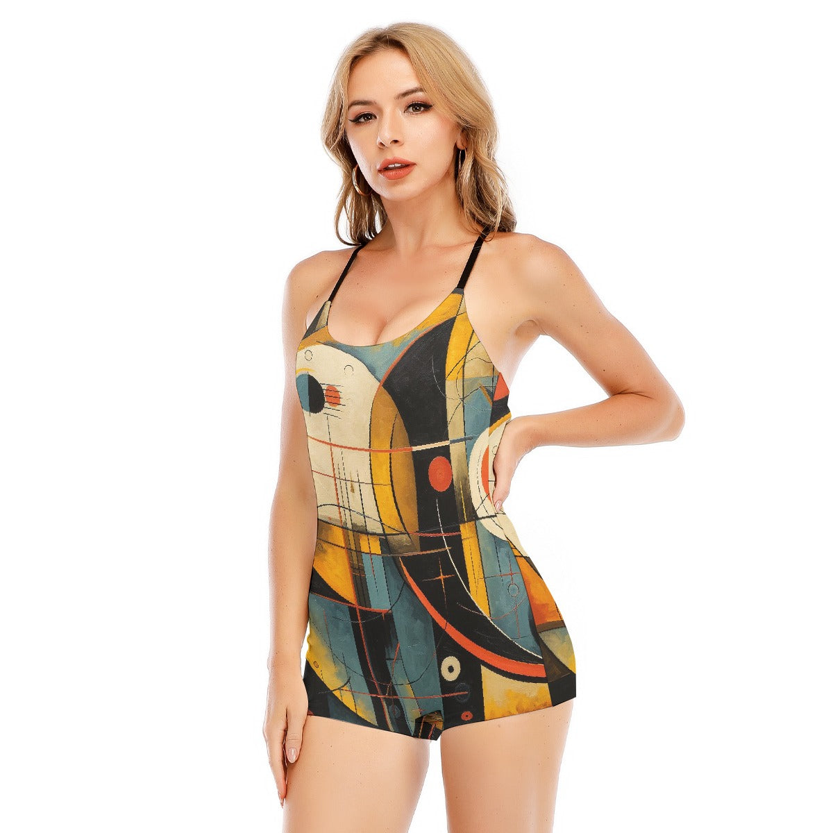 All-Over Print Women's Backless Romper With Black Straps