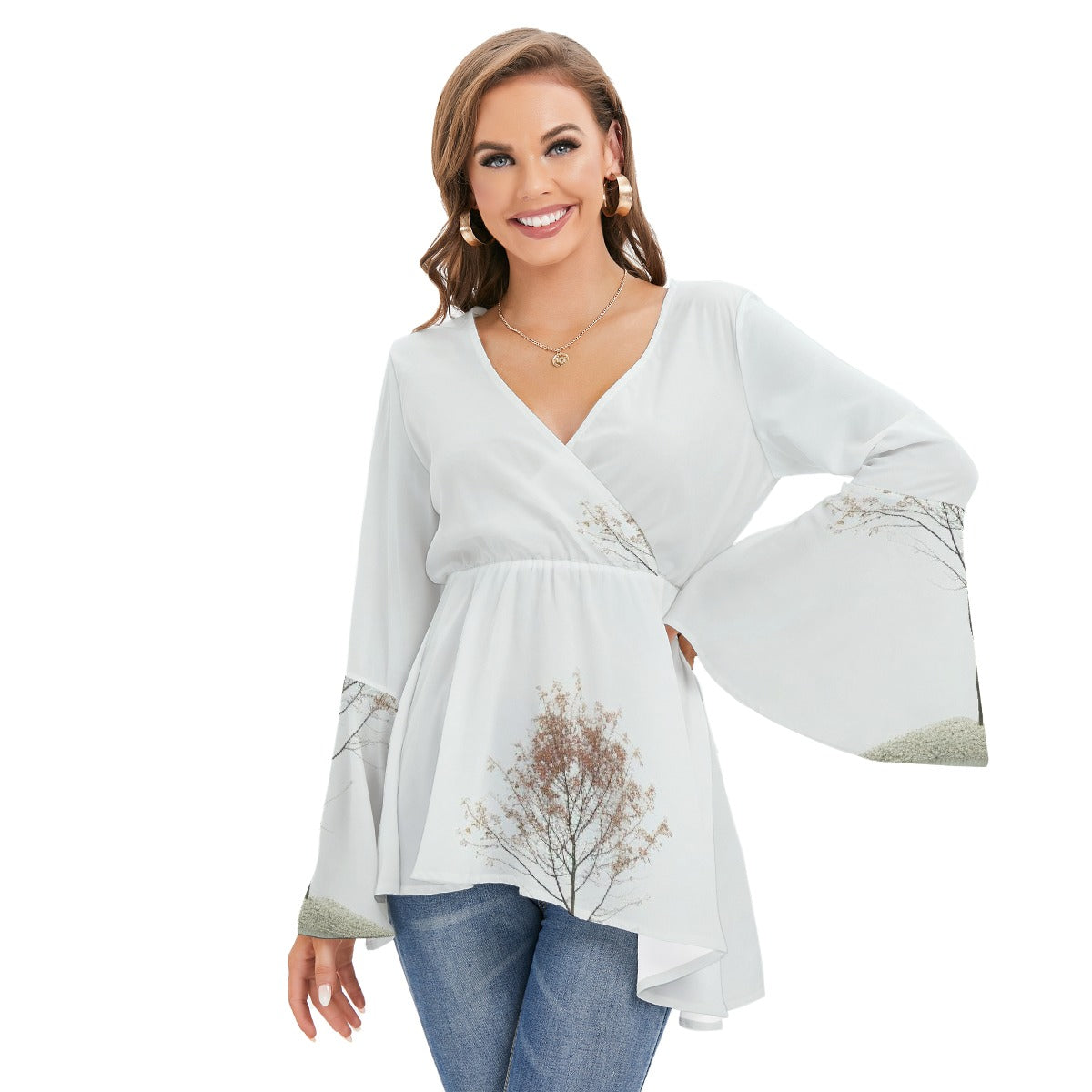 All-Over Print Women's V-neck Blouse With Flared Sleeves