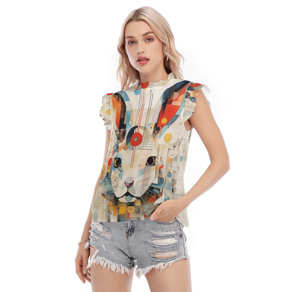 All-Over Print Women's Blouse With Ruffle Collar And Sleeve