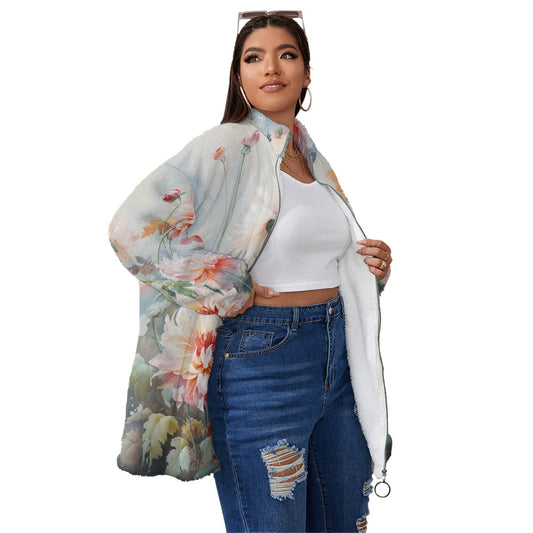 All-Over Print Unisex Borg Fleece Stand-up Collar Coat With Zipper Closure(Plus Size)