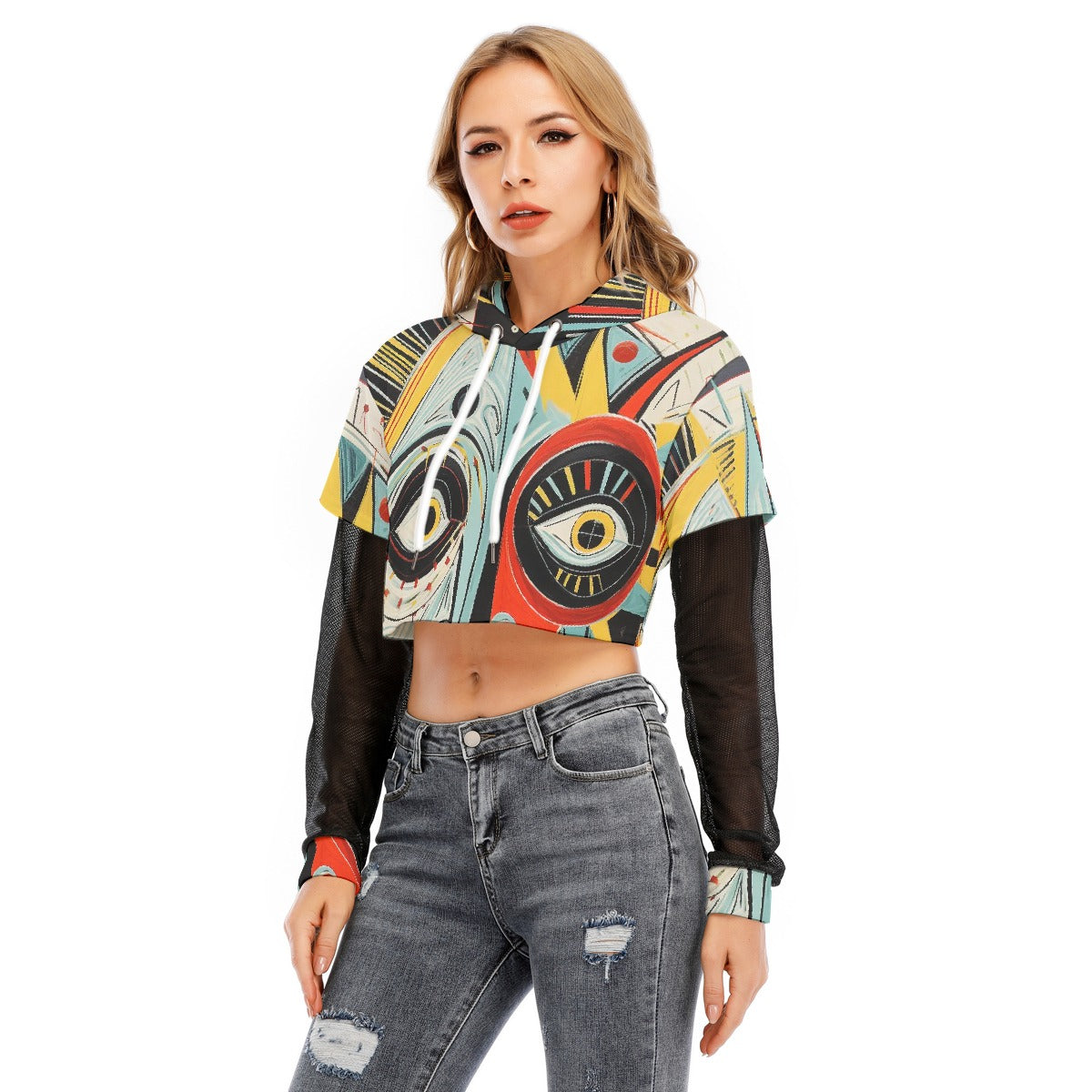 All-Over Print Women's Fake Two-piece Mesh Sleeve Cropped Hoodie