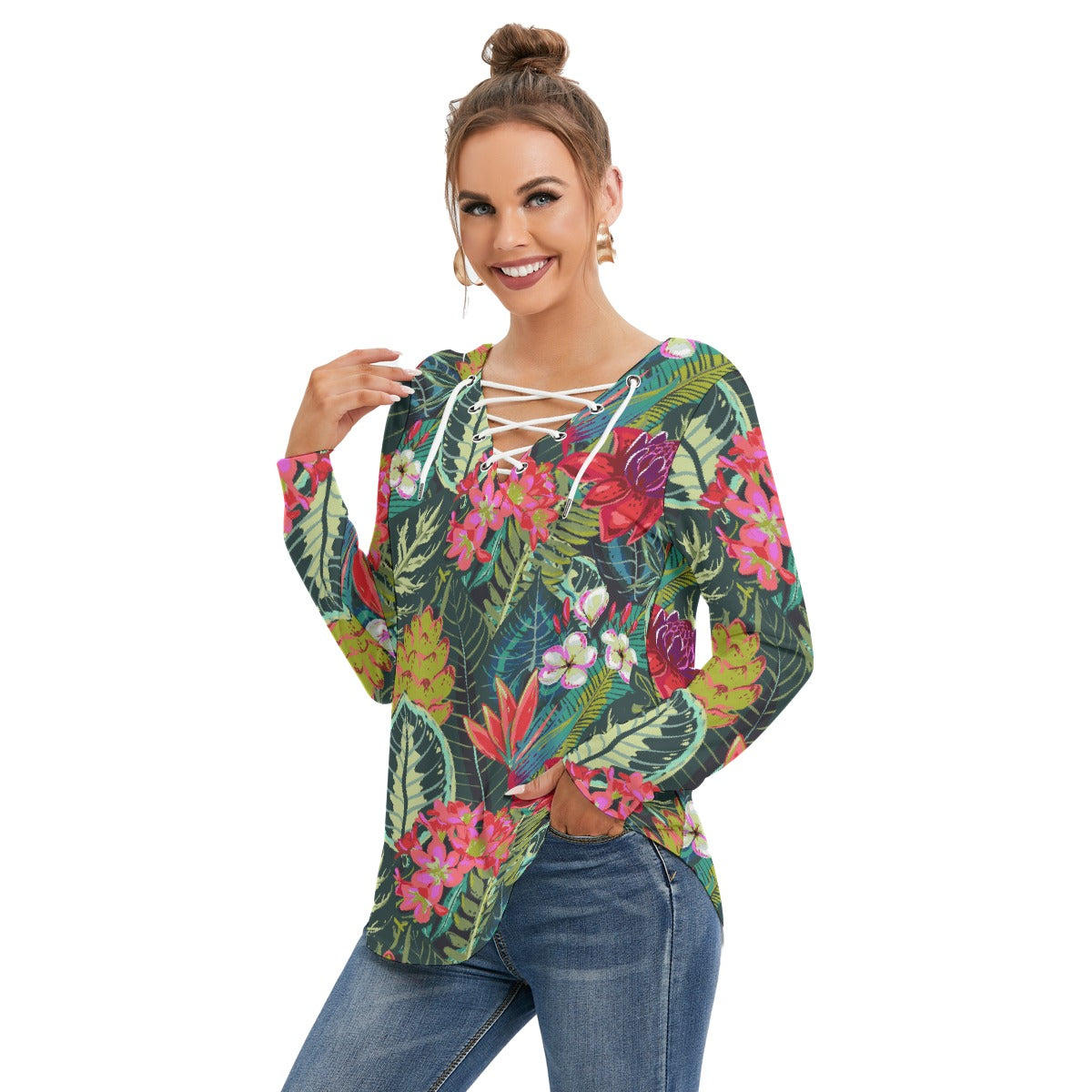 All-Over Print Women's Long Sleeve Neckline Tie Sweatshirt