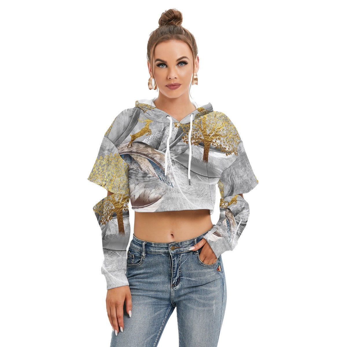 All-Over Print Women's Heavy Fleece Hoodie With Hollow Out Sleeve