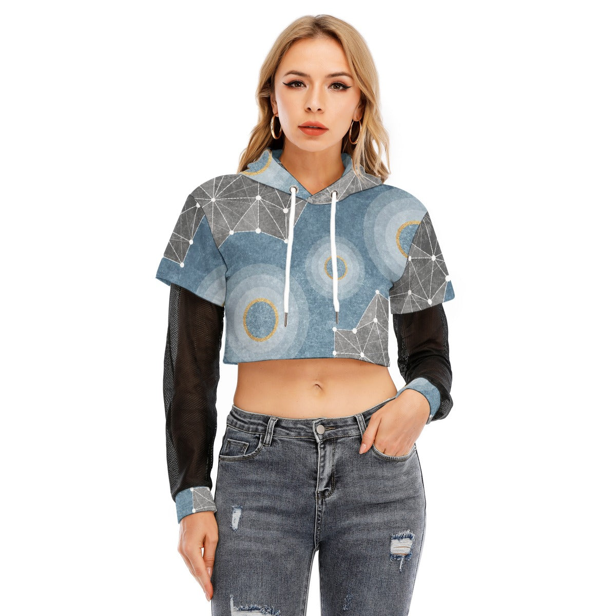 All-Over Print Women's Fake Two-piece Mesh Sleeve Cropped Hoodie