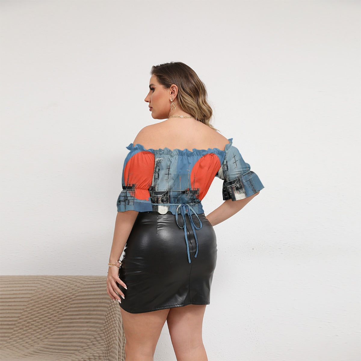 All-Over Print Women's Off-shoulder Cropped Top With Short Puff Sleeve