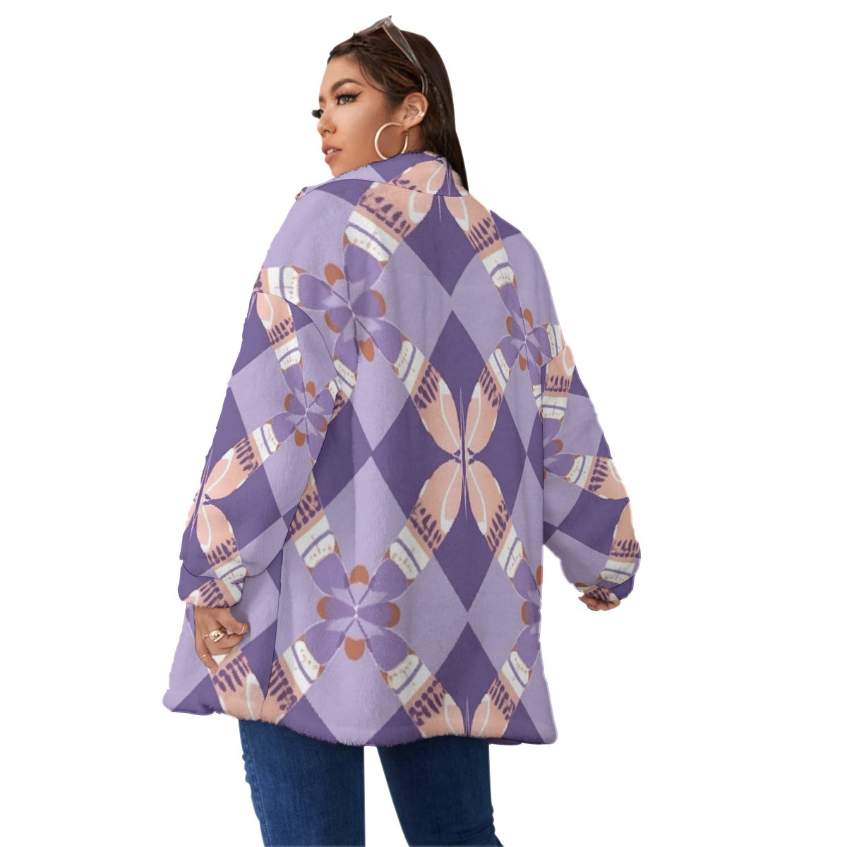 All-Over Print Unisex Borg Fleece Stand-up Collar Coat With Zipper Closure(Plus Size)